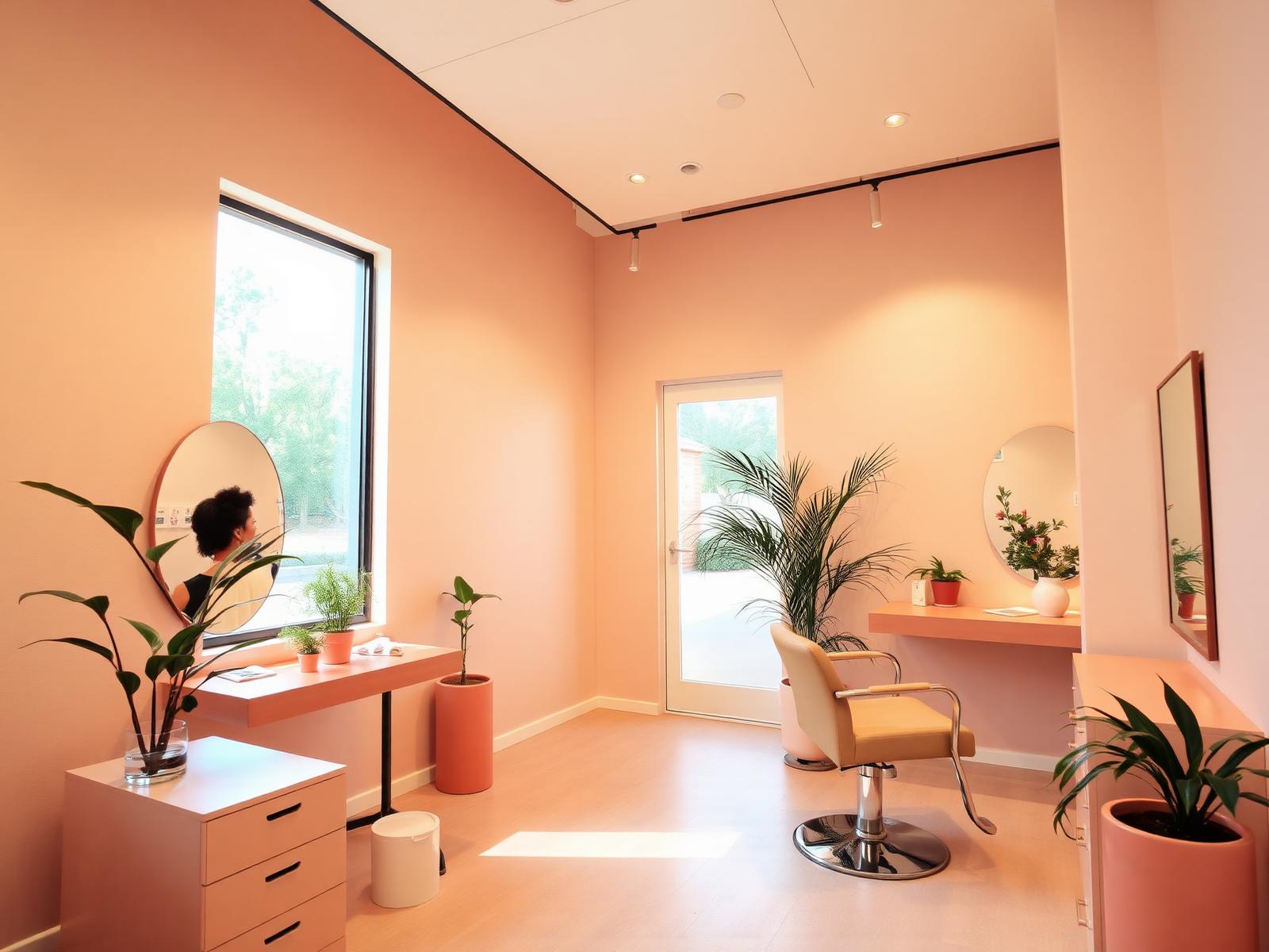 Bright modern salon interior in Sacramento with warm pastel walls, a styling chair, and plants